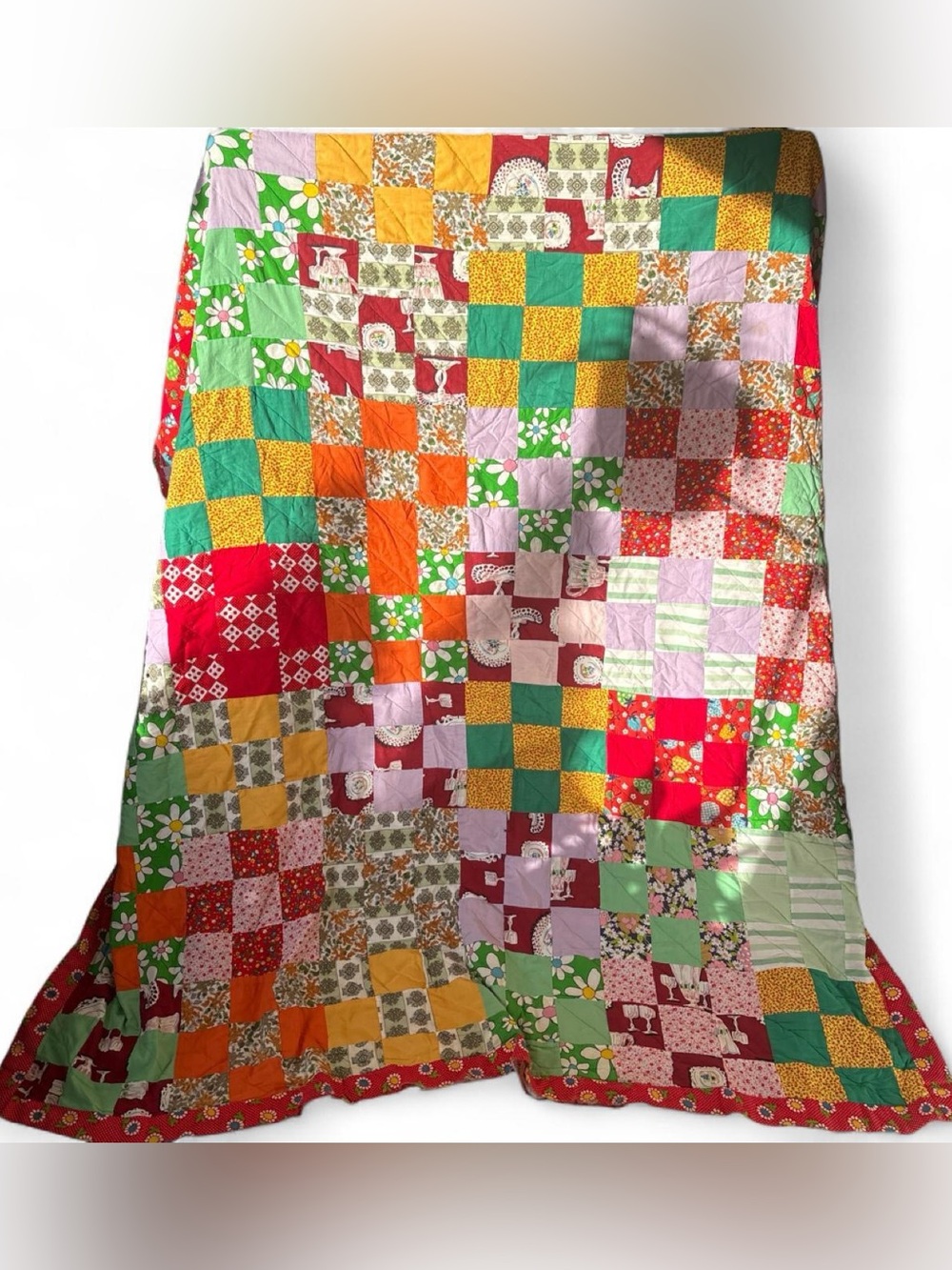 Vintage Patchwork Quilt - Multicolor Cotton Cottagecore Shabby Chic Grandmacore - Picture 3 of 9